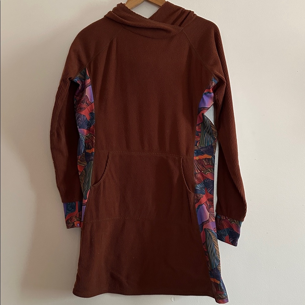 youer Brown Hooded Dress with Colorful Side Panels